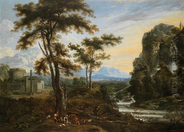 Eine Phantastische Landschaft In Der Umgebung Von Rom Mit Dem Grabmal Der Plautier Im Linken Vordergrund Und Der Ponte Milvio Im Hintergrund Oil Painting by Jan Baptist Wans