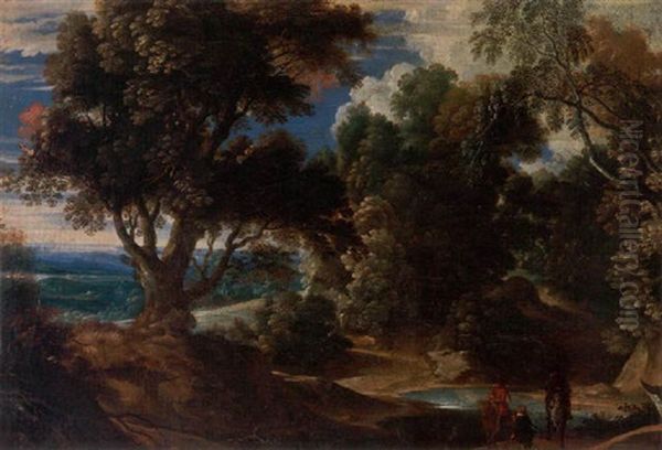 A Wooded Landscape With Two Elegant Riders And A Page In The Foreground Oil Painting by Jan Baptist Wans