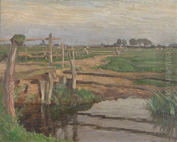 Am Niederrhein. Blick In Weite Feld- Und Wiesenlandschaft. Vorn Eine Zu Einem Feldweg Fuhrende Holzbrucke. In Der Ferne Weidendes Vieh Vor Kopfweiden Oil Painting by Arthur Wansleben