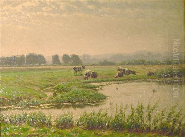 Viehweide An Der Lippe In Gleisendem Sonnenlicht Oil Painting by Arthur Wansleben