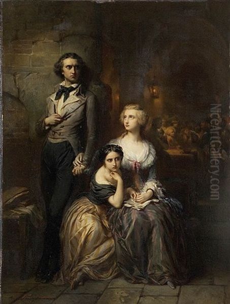 Andre De Chenier In The Saint-lazare Prison With The Duchess Of Saint-aignant, Madame De Coigny And Countess Sebastiani Oil Painting by Gustave (Egidius Karel G.) Wappers