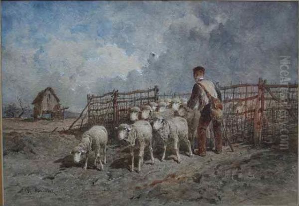 Berger Et Moutons Oil Painting by Franck Brissot