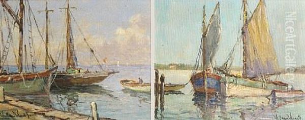 Docked Sail Boat (+ Another; Pair) Oil Painting by William Dudley Brunett Ward Jr.