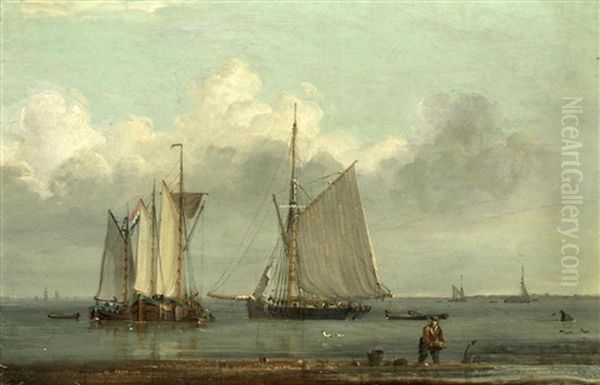 Various Sailing Craft Off A Coast Oil Painting by John Ward Of Hull