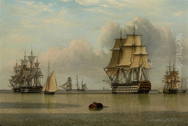 A Ship Of The Line Of The White Fleet Departing Oil Painting by John Ward Of Hull