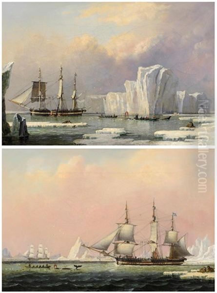 Whaling Ships In Arctic Waters Oil Painting by John Ward Of Hull