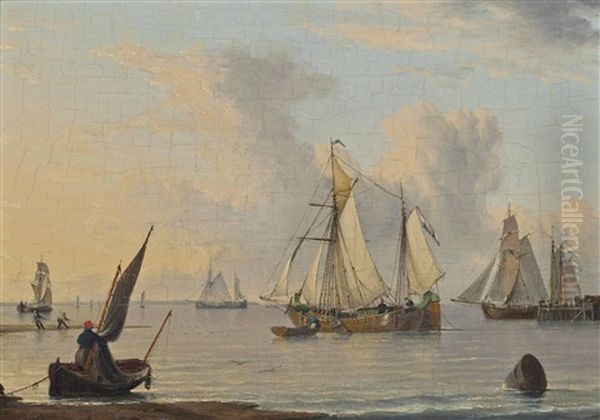 Dutch Fishing Barges And Other Vessels On The Humber In A Calm Oil Painting by John Ward Of Hull