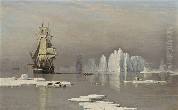 The Northern Whale Fishery: The Hull Whaling Ships Isabella And Swan In Baffin Bay With Seals And Polar Bears On Ice Floes Before Them Oil Painting by John Ward Of Hull