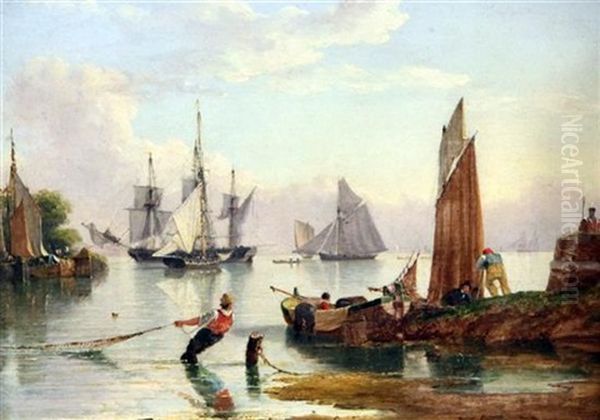 Dutch And English Estuary Scenes With Shipping At Anchor (pair) Oil Painting by John Ward Of Hull