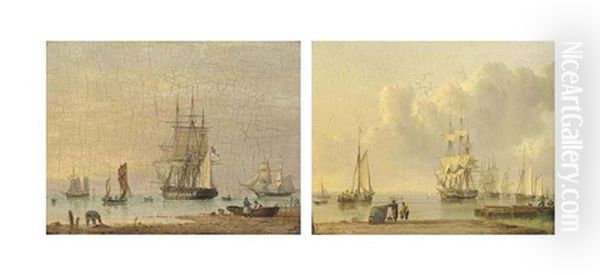 A Royal Navy Frigate Drifting From Her Anchorage On The Humber (+ Shipping Becalmed On The Humber (both Illustrated); Pair) Oil Painting by John Ward Of Hull