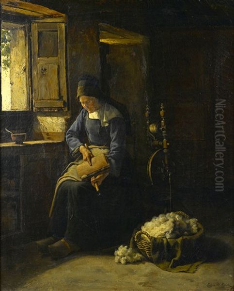 Carding Wool Oil Painting by Edgar Melville Ward