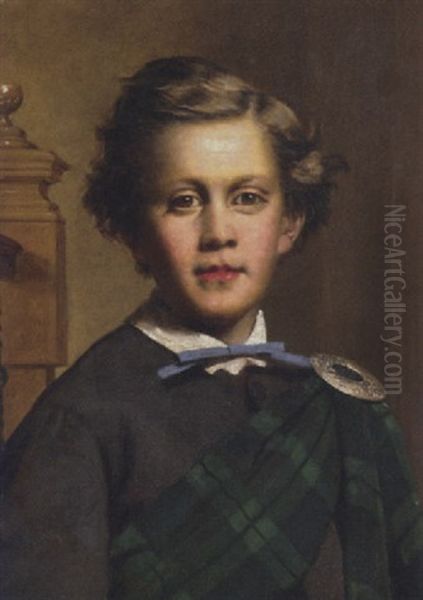 Portrait Of A Boy In A Grey Coat And A Sutherland Tartan Plaid, In An Interior Oil Painting by George Raphael Ward