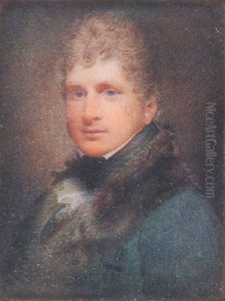 A Gentleman, In Green Coat With Black Stitching And Fur Collar, Green Stock, White Frilled Shirt Oil Painting by George Raphael Ward