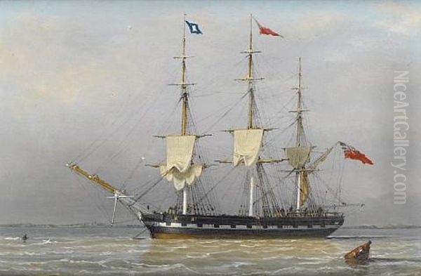 A Three-masted Merchantman Anchored In The Humber, Signalling That She Is Preparing To Sail Oil Painting by J. Ward