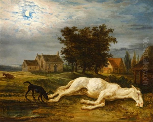 A Moonlit Landscape With An Ailing White Horse Oil Painting by James Ward