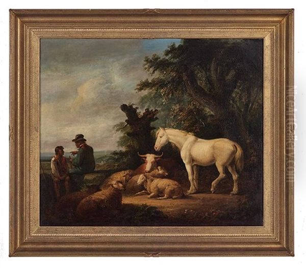 Rural Landscape With Shepherd, Sheep And White Stallion Oil Painting by James Ward