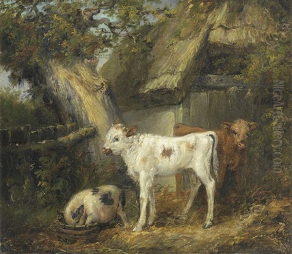 Calves And A Pig Outside A Barn Oil Painting by James Ward