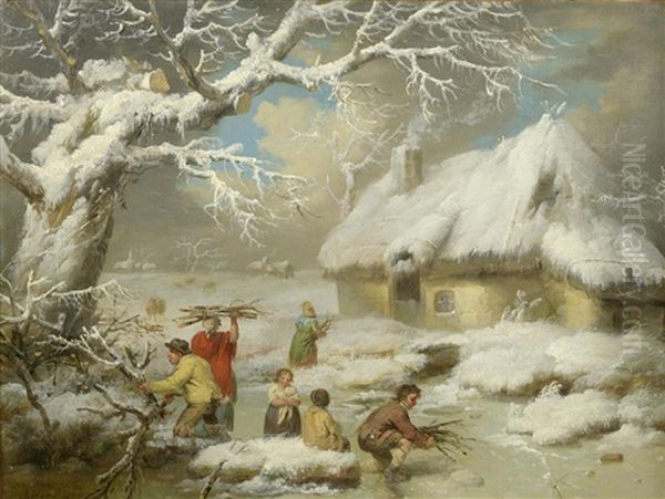 Faggot Gatherers In A Winter Landscape Oil Painting by James Ward