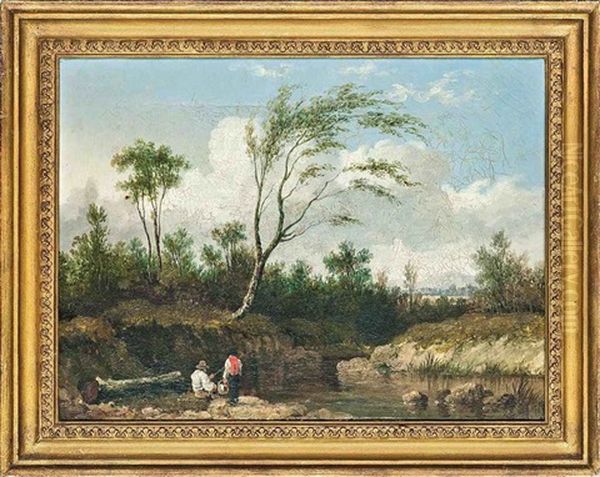 A Riverscene With Fishermen Oil Painting by John Ward