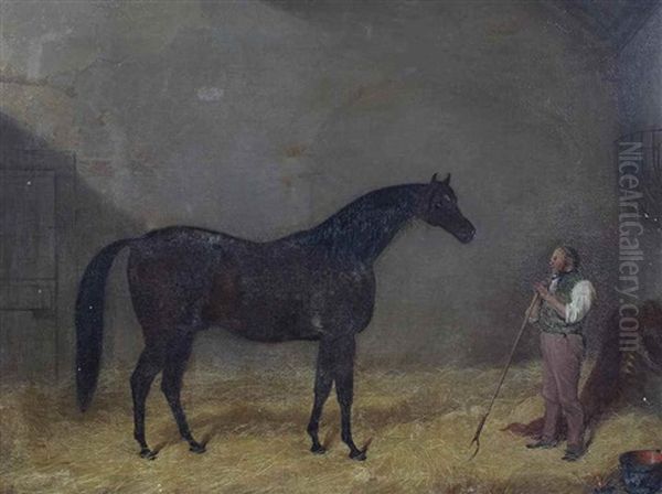 Hunter Bai Et Palefrenier Dans Un Box Oil Painting by Martin Theodore Ward