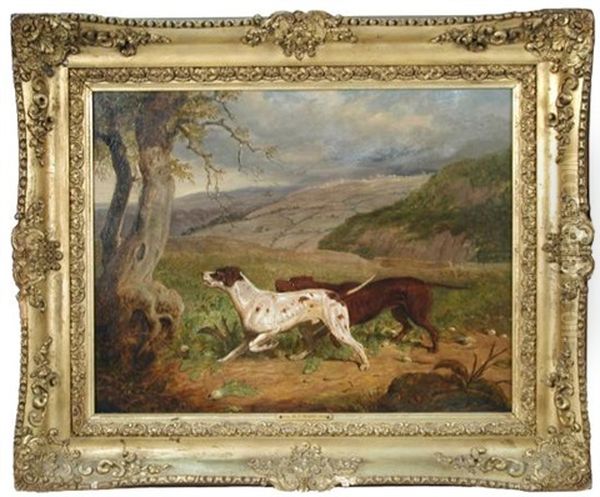 Two Pointers On Point In A Moorland Landscape Oil Painting by Martin Theodore Ward