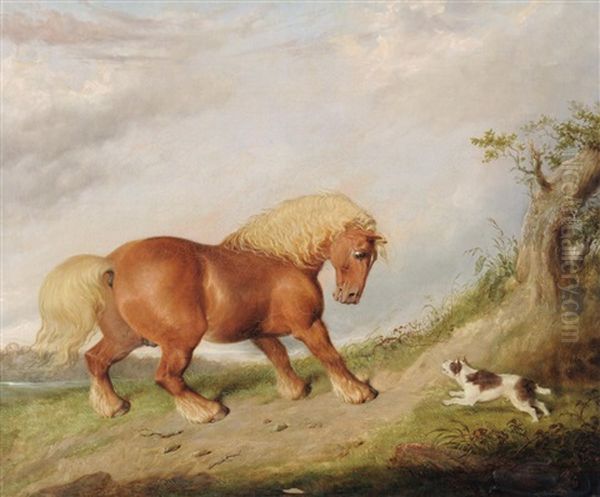 A Chestnut Horse Startled By A Terrier In A Landscape Oil Painting by Martin Theodore Ward