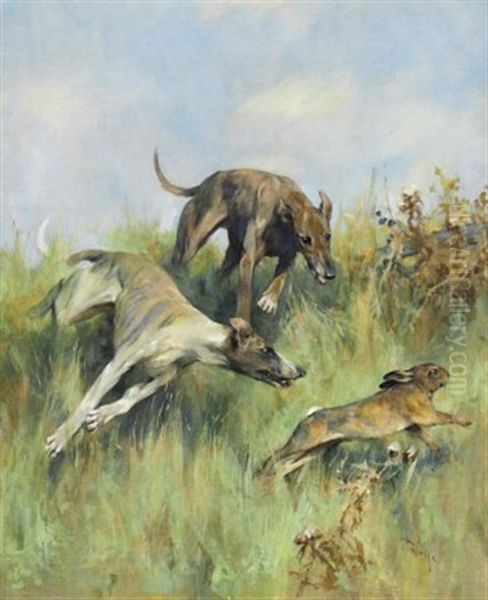 Rabbits Pursued By Greyhounds Oil Painting by Arthur Wardle