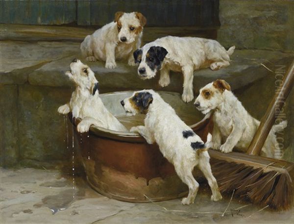 The First Bath - Wire Fox Terrier Puppies Oil Painting by Arthur Wardle