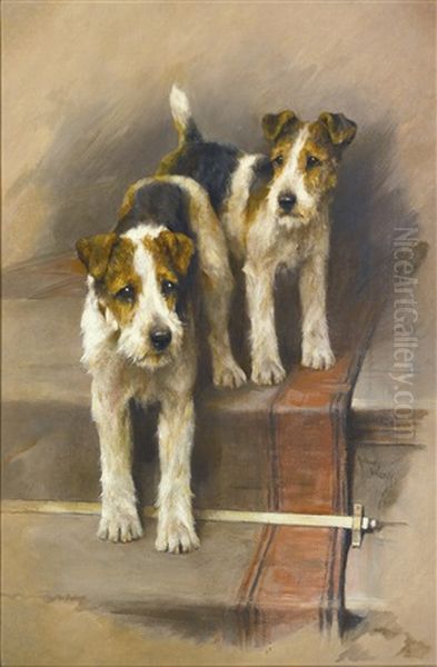 Terriers On A Staircase Oil Painting by Arthur Wardle