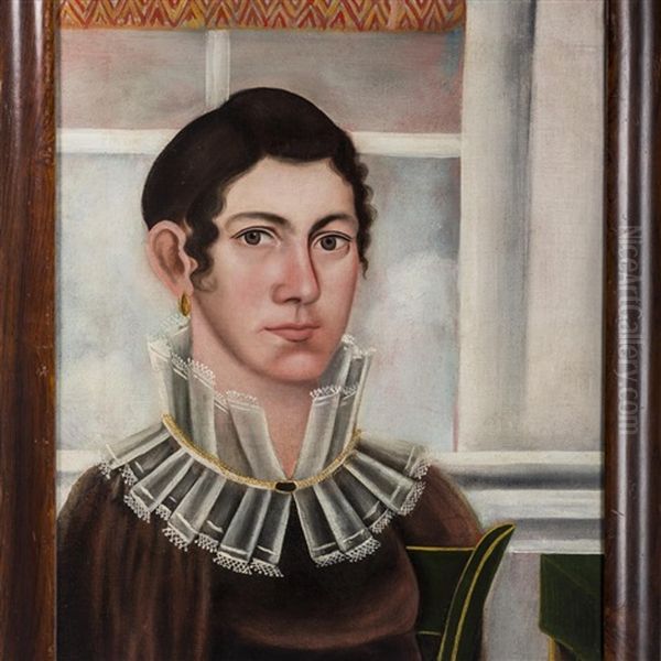 Woman With Lacy Collared Dress, Seated In Front Of A Window With Valance by Thomas Ware