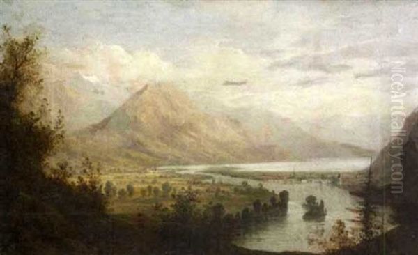 Extensive Lake And Mountain Landscape Oil Painting by John Burley Waring