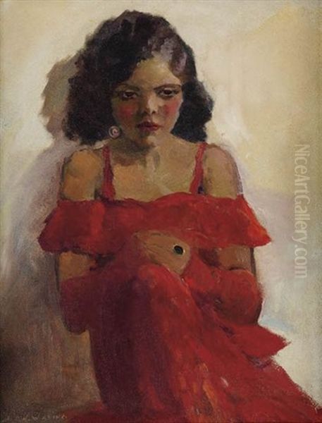 Girl In Red Dress Oil Painting by Laura Wheeler Waring