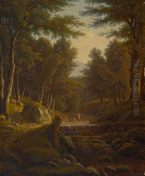 Waldlandschaft Mit Hirtin Und Ziegen Am Bach Oil Painting by Simon Warnberger