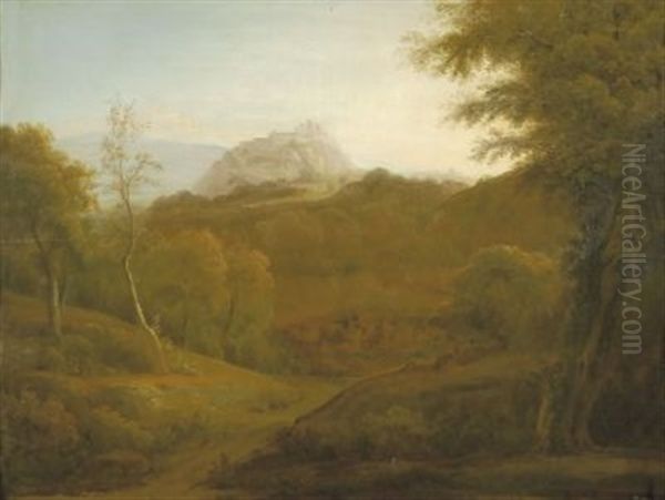 Waldreiche Landschaft Mit Einer Burg Auf Einer Anhohe Oil Painting by Simon Warnberger