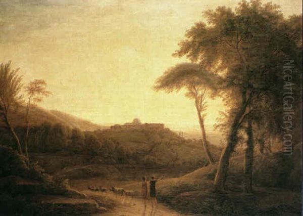 Figures In An Italianate Landscape Oil Painting by Simon Warnberger