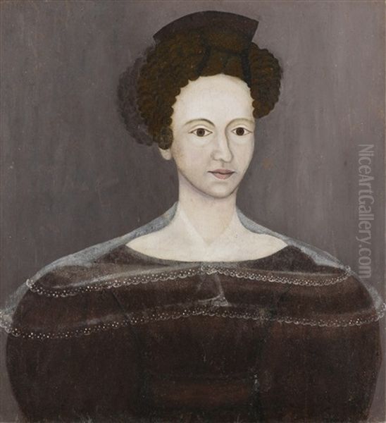 Primitive Portrait Of A Woman In A Brown Dress With A Lace Collar And Leg-of-mutton Sleeves, Said To Be A Member Of The Fox Family by Abiah Stanley Warren