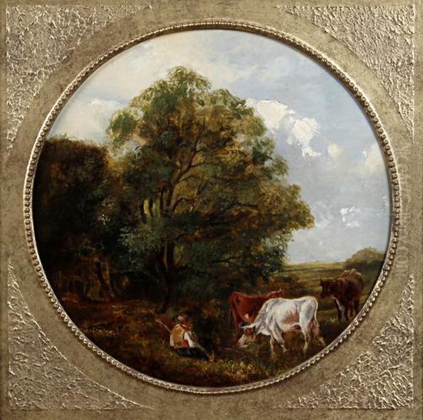 Wooded Landscape With Cattle Watering And Young Boy Seated On The River Bank Oil Painting by Edmund Bristow