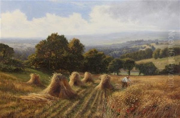 Harvester In A Cornfield On The South Downs Oil Painting by Edmund George Warren