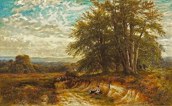 An Extensive Landscape With A Haywagon And Figures On The Road With Another Figure Resting In The Foreground Oil Painting by Edmund George Warren