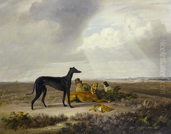 An Extensive Landscape With Greyhounds And A Young Sportsman Oil Painting by Edmund Bristow