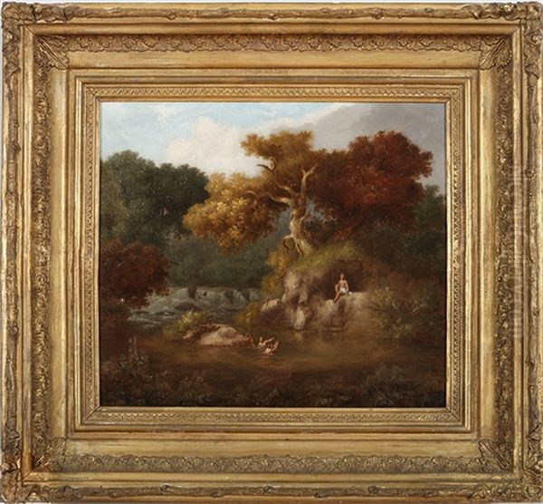 Bathers In A Wooded Landscape Oil Painting by Henry Warren