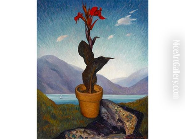 Still Life With A View Of A Lake Beyond Oil Painting by Alexander Warshawsky