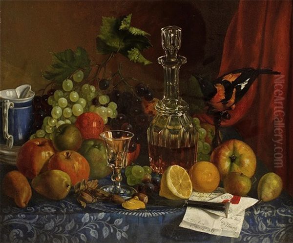 Grapes, Apples, Lemons, A Decanter And A Bird On A Table by Frederick Warsop