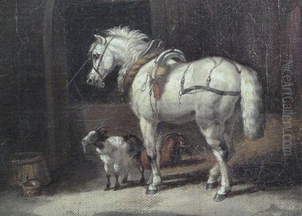 Horse And Goat In An Interior Oil Painting by Edmund Bristow