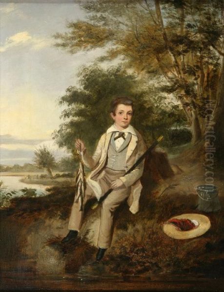 The Young Fisherman, - Young Boy Seated With His Catch On A Riverbank Oil Painting by Edmond Bristowe