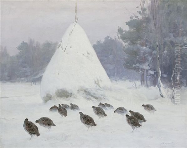 Partridges In The Snow Oil Painting by Czeslaw Wasilewski