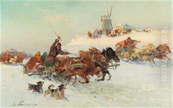 Wild Sleigh Ride Oil Painting by Czeslaw Wasilewski