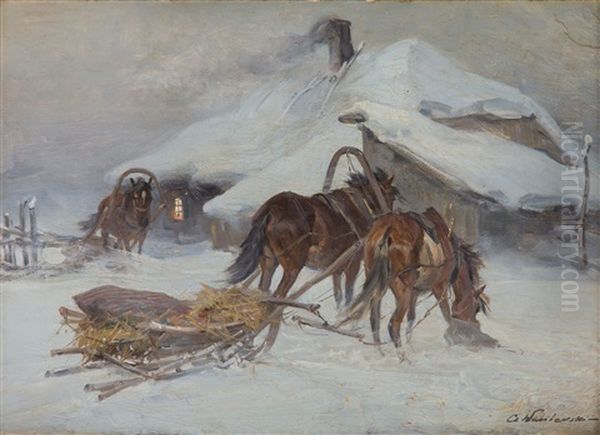 Sledge In Front Of A Shack Oil Painting by Czeslaw Wasilewski