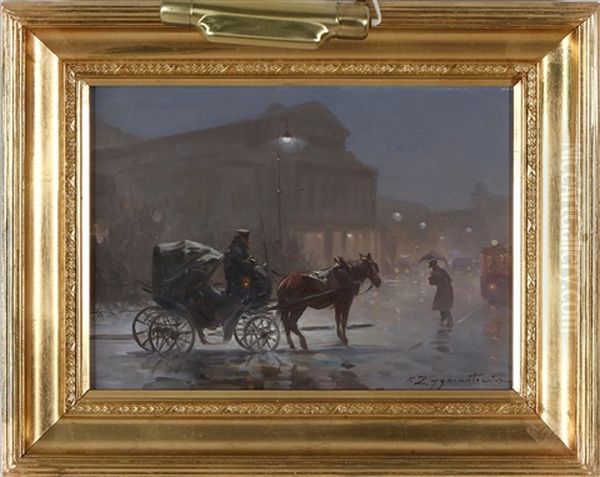 Carriage In Front Of Warsaw National Theater Oil Painting by Czeslaw Wasilewski