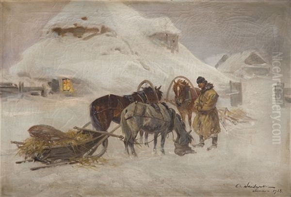 Coachmen Feeding Horses Oil Painting by Czeslaw Wasilewski